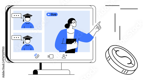 Teacher presenting during a live online class on a computer screen with students in graduation caps. Ideal for education, remote learning, e-learning, knowledge sharing, virtual communication