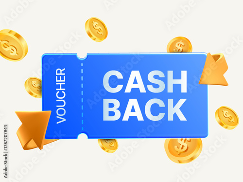 A modern 3D blue cashback voucher vector surrounded by floating golden coins and arrows, representing rewards, bonuses, and financial promotions. 3d vector illustration. Vector illustration