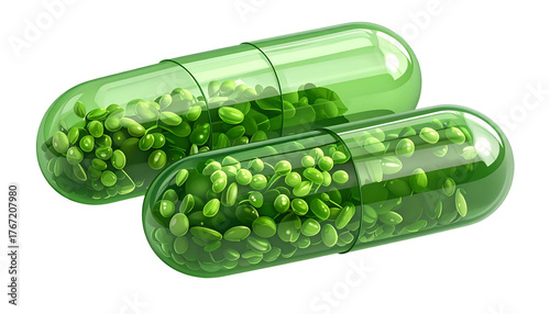 Two translucent green capsules filled with small green, oval-shaped medication
