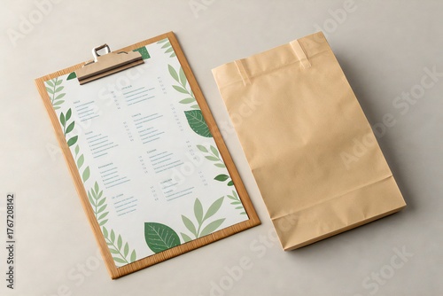 Menu on a clipboard next to a paper bag food restaurant