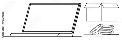 Laptop with blank screen beside open box and stacked coins. Ideal for online shopping, e-commerce, financial transactions, digital economy, product management, logistics, simple flat metaphor