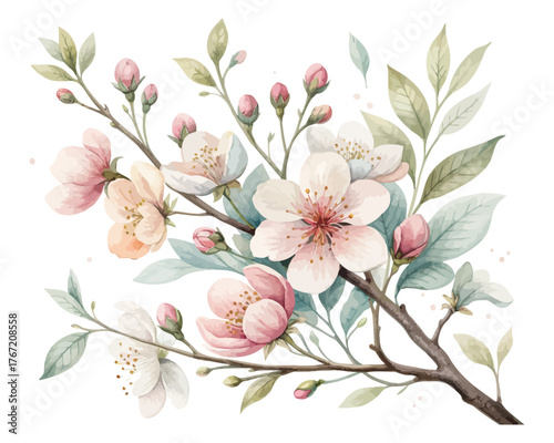 Delicate Watercolor Flower Buds and Branches Set vector illustration