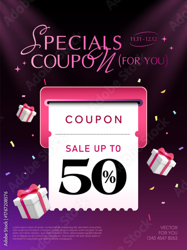 A stylish promotional vector design featuring a pink and black Special Coupon with a sale of up to 50%, surrounded by gift boxes and confetti. 3d vector illustration. Vector illustration