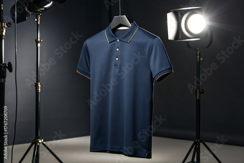 Navy Blue Polo Shirt on Hanger with Studio Lighting