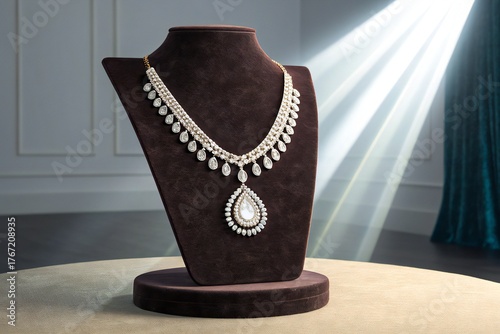 Ornate Diamond Necklace on Display Stand jewelry pendant