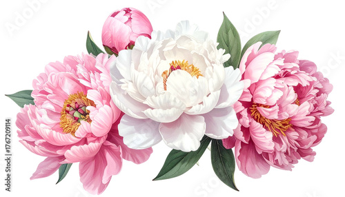 Digital art of a cluster of peonies in shades of pink and white, green leaves