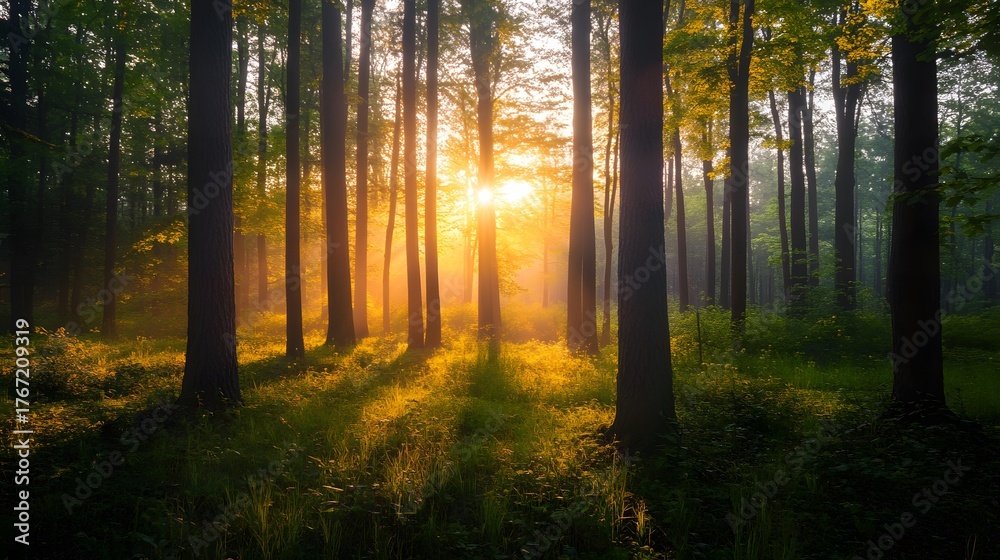 Fototapeta premium A golden sunrise illuminates a misty forest, casting long shadows through the trees and illuminating the woodland floor.