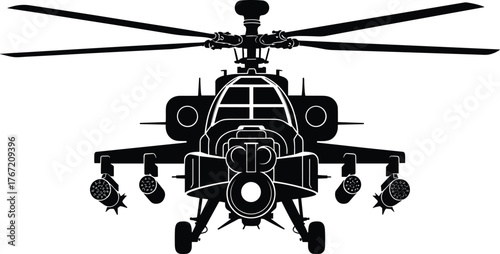 Attack helicopter silhouette, AH-64 Apache, missile, rotor, cockpit, weapon system, cad drawing flat vector illustration, military aircraft icon