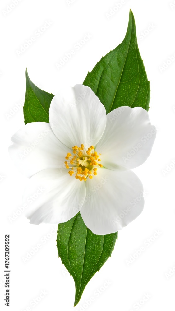 Obraz premium A pristine white flower with yellow stamens, nestled between green leaves