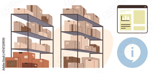 Boxes stacked on industrial shelves, accompanied by a digital dashboard and info icon. Ideal for logistics, storage, inventory, warehouse management, organization, supply chain, simple flat metaphor