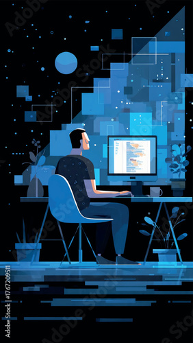 Software developer coding on a computer at night, immersed in a futuristic digital environment with abstract data, symbolizing innovation, technology, and problem-solving