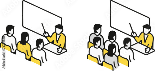 Two classroom scenes with students and a teacher presenting at a whiteboard isolated on white background