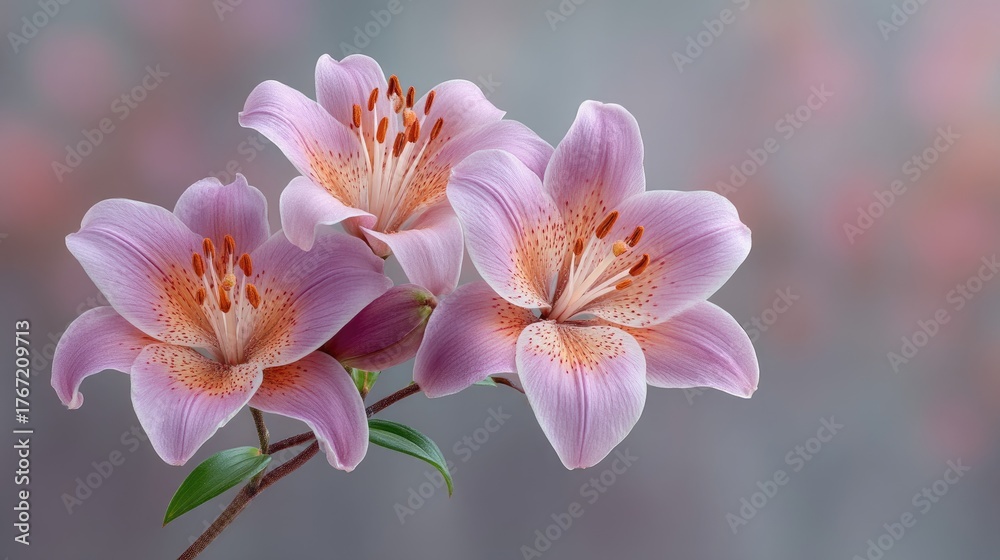 Obraz premium Three Delicate Blooming Pink Lilies with Orange Stamens and Green Leaves on a Soft Blurred Background with Bokeh Effect