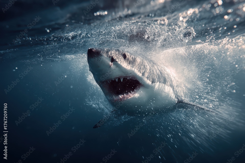 Fototapeta premium White shark aggressively attacking in a deep ocean environment during daylight hours showcasing powerful natural instincts