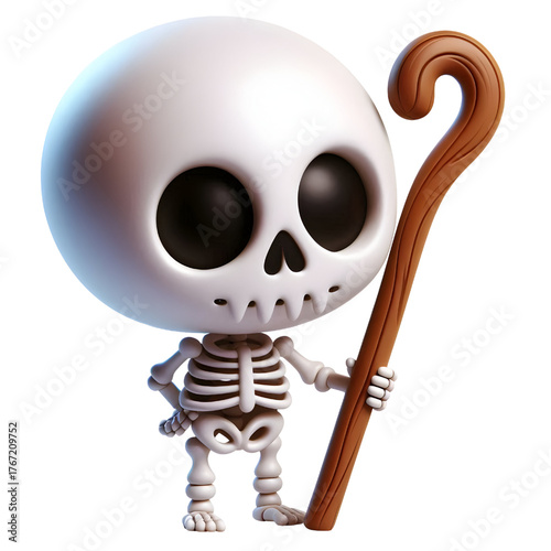Cute 3d skeleton holding a stick isolated on white background