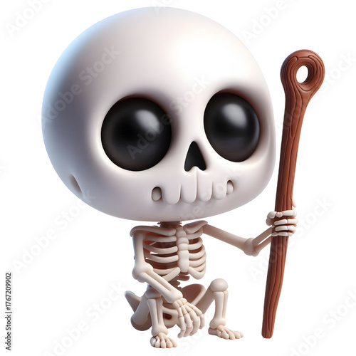 Cute 3d skeleton holding a stick isolated on white background