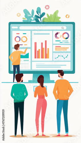 Team analyzing data on a digital dashboard, visualizing performance metrics. Modern analytics solutions empower informed decision-making and optimize business growth