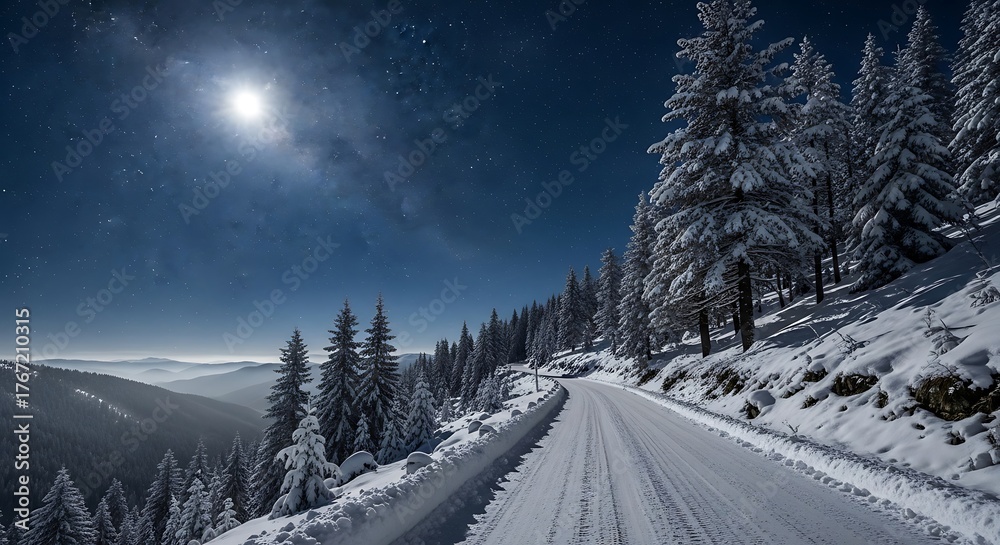 Fototapeta premium Winter Road Under Moonlight - A Snowy Mountain Pass.