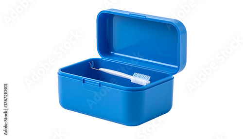 Blue open rectangular box with dental cleaning tool inside, isolated against a black background