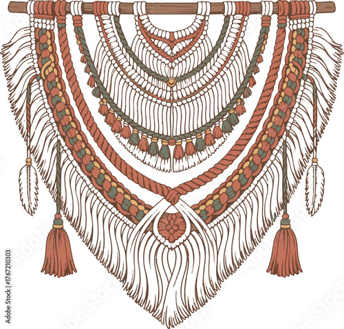 Intricate macrame wall hanging with tassels and geometric patterns isolated on white background