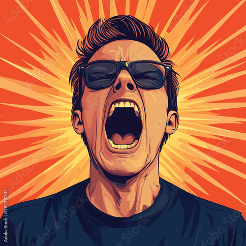 Intense Man Showing Strong Emotions with Furious Screaming in Anger   , vector style simple color