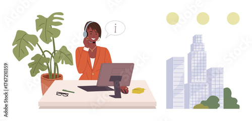 Woman in headset talking on call at office desk with computer, plant, and glasses. Ideal for communication, professionalism, remote work, corporate culture, customer support, business teamwork