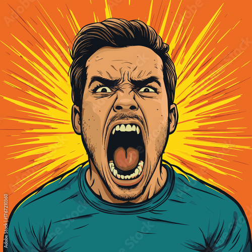 Intense Man Showing Strong Emotions with Furious Screaming in Anger   , vector style simple color
