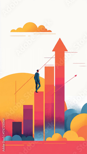 Determined individual ascending a vibrant growth chart, symbolizing career progression, financial success, and strategic business development towards achieving elevated objectives