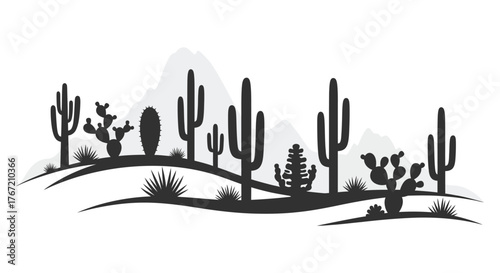 Silhouette of a desert landscape with various cacti and succulents on rolling hills under a hazy sky