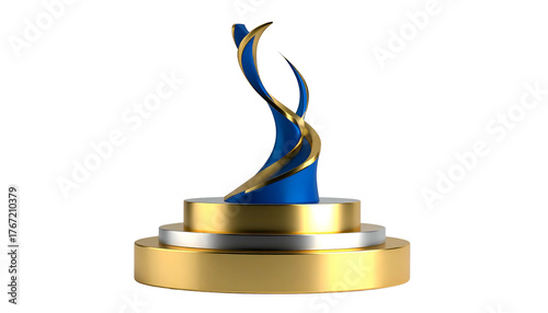 Golden-silver tiered podium with blue and gold flowing shape on top against black
