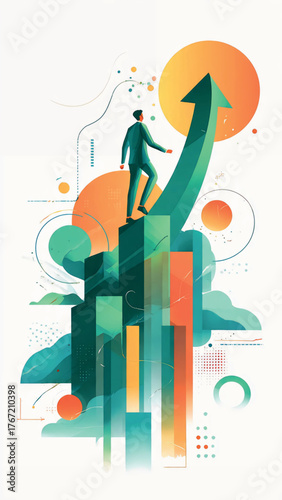 Abstract illustration of a professional climbing a rising bar graph, symbolizing strategic business growth, career advancement, and the determined pursuit of success and prosperity