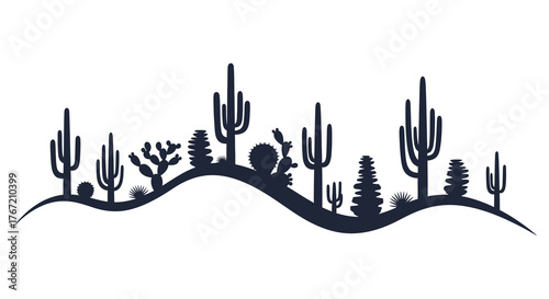 Silhouette of a desert landscape with various cacti and succulents on rolling hills under a hazy sky