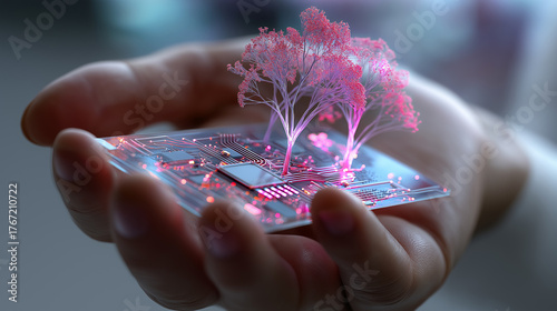 Close-up of fingers touching a transparent digital circuit board glowing with red and blue neon lights. Concept of high technology, innovation, and the future of human-computer interaction.