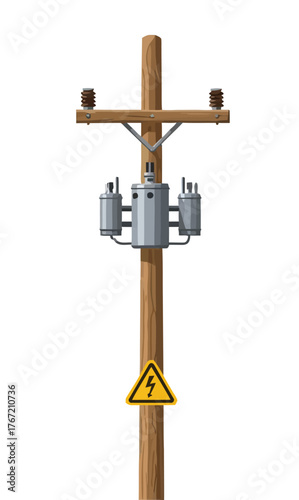 Detailed vector illustration of a wooden electric utility pole with a power line transformer and a high voltage warning sign isolated on a white background