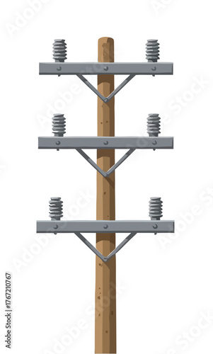Vector illustration of a wooden utility pole featuring multiple crossarms and ceramic insulators, a key component of essential infrastructure for electricity transmission and communication