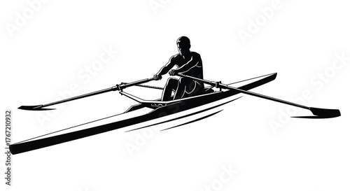 Silhouette of a single sculler rowing a racing shell boat on white background with oars extended