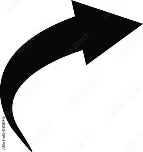 Black curved arrow pointing right with slight upward arc on white background. arrow icon for your web site design, logo, app, UI. Themes include direction, navigation, pointing symbols. 