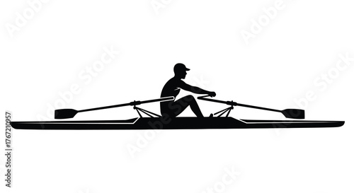 Silhouette of a single sculler rowing a racing shell on calm water with oars extended
