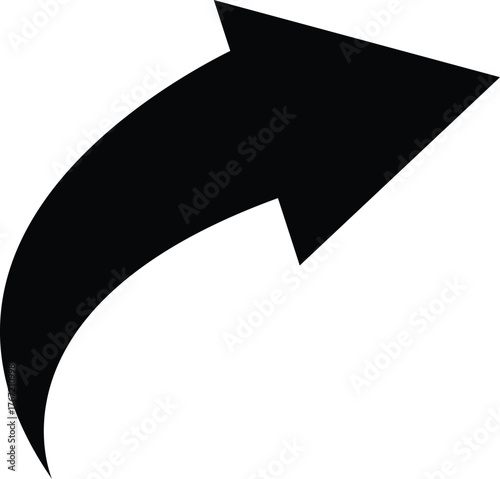Black curved arrow pointing right with slight upward arc on white background. arrow icon for your web site design, logo, app, UI. Themes include direction, navigation, pointing symbols. 