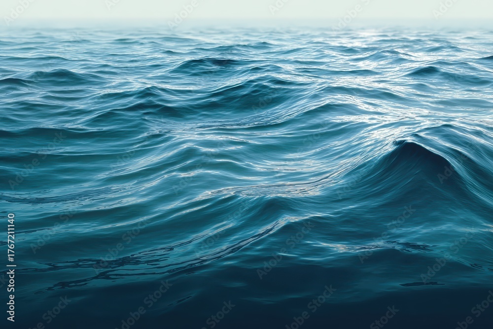 Naklejka premium Captivating wavy blue sea background with realistic textures reflecting light under a clear sky evoking a serene coastal atmosphere
