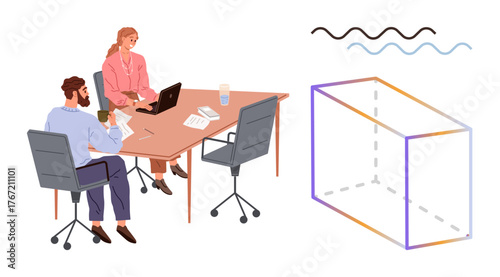 Professional discussion over laptop and notes at table, cube diagram, flowing abstract lines. Ideal for teamwork, brainstorming, creative problem-solving, analysis, innovation, planning conceptual