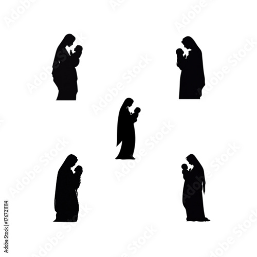 Silhouette of virgin mary holding baby jesus isolated on white background, depicting a serene and tender moment of maternal love and religious devotion, symbolizing faith, hope & miracle of christmas