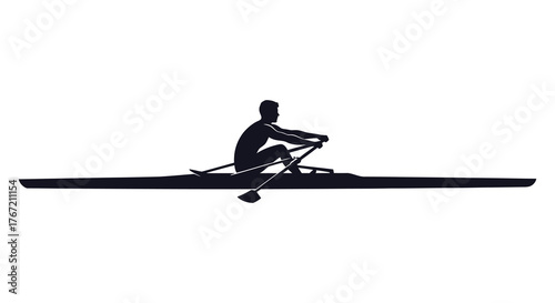 Silhouette of a single sculler rowing a sleek racing shell across a white background