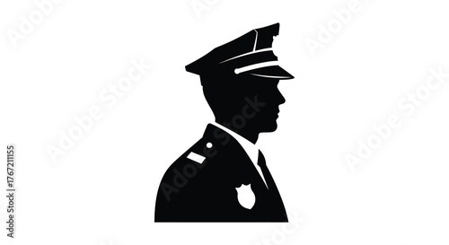 Silhouette of a police officer in uniform wearing a cap and badge profile view on a white background