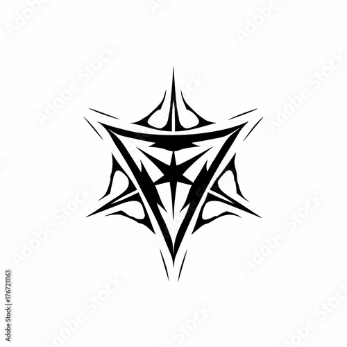 Abstract geometric tribal starburst design with sharp points and intricate patterns in black on a white background