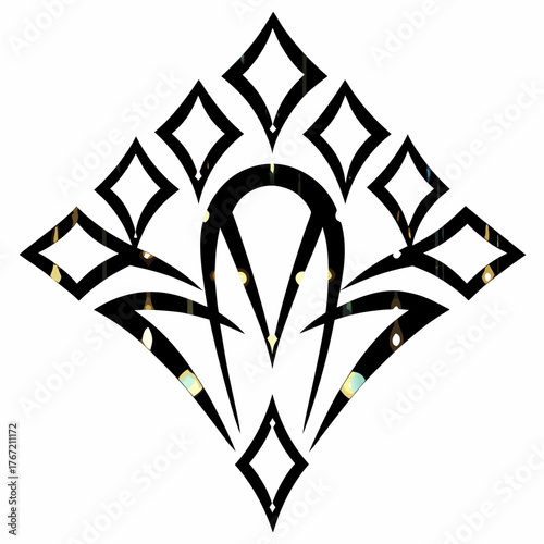 Abstract symmetrical black tribal tattoo design with diamond shapes and glowing bokeh lights inside the negative space