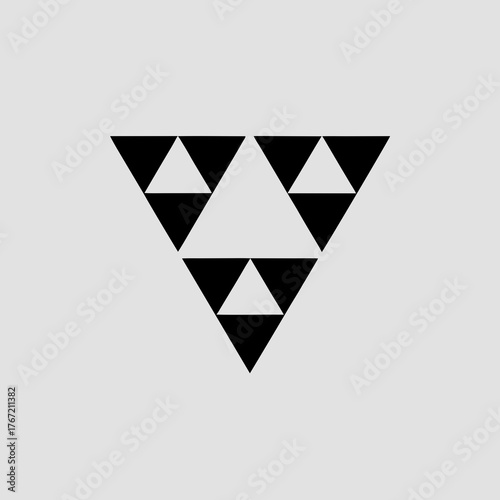 Geometric fractal pattern of black and white triangles forming a larger inverted triangle against a light gray background