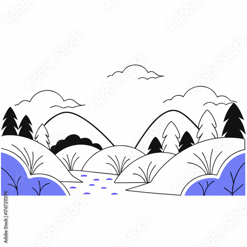 Minimalist cartoon landscape with rolling hills pine trees a winding stream and fluffy clouds against a white background