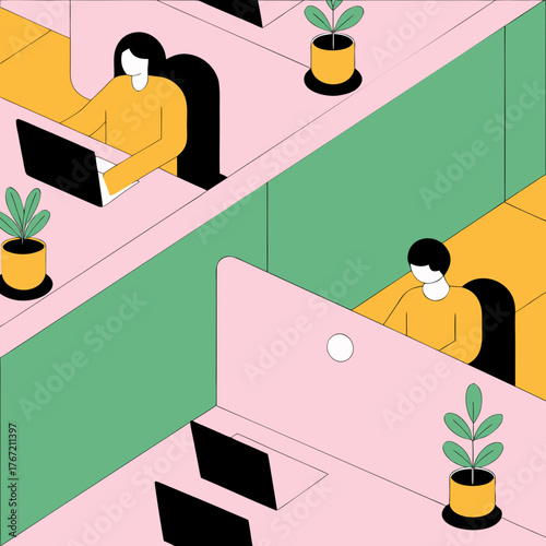 Modern isometric office interior with people working on laptops at desks with potted plants and cubicle dividers