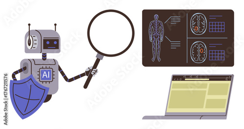 Robot with magnifying glass, shield, and AI label examining human anatomy and brain scans on monitor. Laptop nearby. Ideal for AI technology, healthcare, data analysis, innovation, medical research